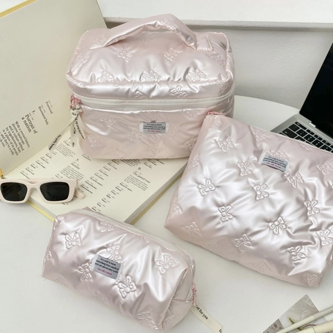 Grande Borsa Per Cosmetici In Raso Trapuntato Con Decoro Fiocco Farfalla Organizzatore Da Viaggio Portatile Per Trucco