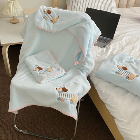 Cartoon Dog Embroidery Coral Fleece Bathroom Towels And Bath Towel With Hair Drying Cap Soft Absorbent Blue