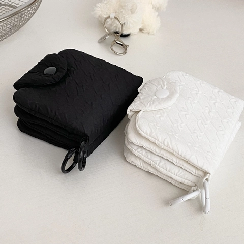 Mini Coin Purse Card Holder Pleated Quilted Canvas Pouch With Hanging Ring Portable Storage Bag For Women Girls
