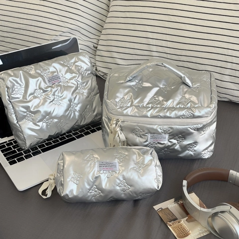Shiny Metallic Quilted Butterfly Pattern Makeup Bag Portable Travel Toiletry Organizer Zipper Cosmetic Handheld Storage Bag