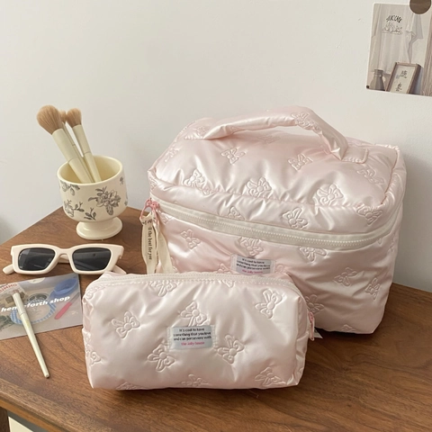 Grande Borsa Per Cosmetici In Raso Trapuntato Con Decoro Fiocco Farfalla Organizzatore Da Viaggio Portatile Per Trucco