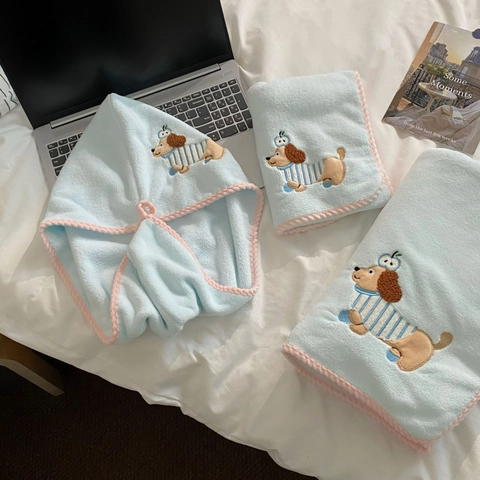 Cartoon Dog Embroidery Coral Fleece Bathroom Towels And Bath Towel With Hair Drying Cap Soft Absorbent Blue