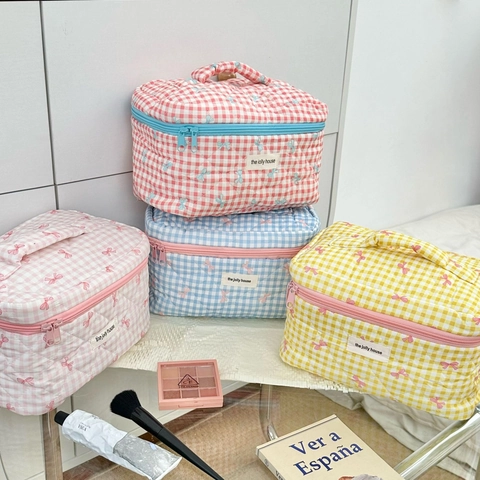 Borsa Trucco Trapuntata Quadretti Tela Ricamo Fiocco Pochette Da Viaggio Organizer Per Cosmetici Stile Dolce