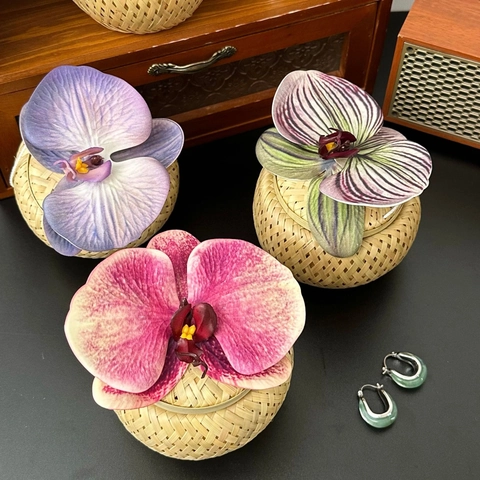 Handmade Bamboo Woven Storage Box With Artificial Orchid Flower Decorative Round Jewelry Case Oriental Style