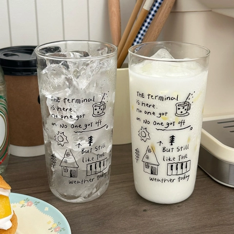 Vintage Minimalist Hand Painted Borosilicate Glass Cup Transparent Heat Resistant Tumbler With Line Art Doodle For Coffee Office