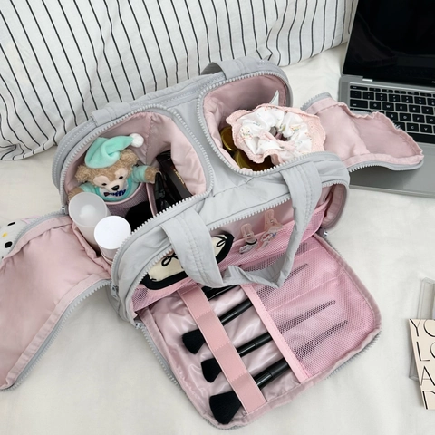 Large Capacity Makeup Bag Nylon Quilted Portable Travel Toiletry Organizer Compartments Women