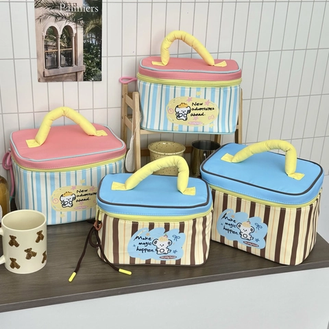 Insulated Lunch Bag Portable Cartoon Striped Dog Thermal Storage Pouch For Outdoor Picnic Office School Travel Use