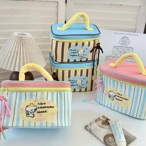 Makeup Bag Striped Cartoon Puppy Pattern Cotton Handheld Travel Toiletry Case Large Capacity Organizer Portable For Women
