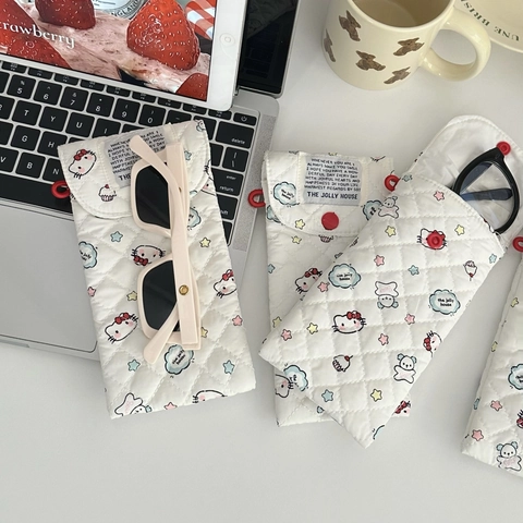 Cartoon Cat Bear Pattern Quilted Cotton Fabric Glasses Storage Pouch Portable Soft Sunglasses Case With Button Closure