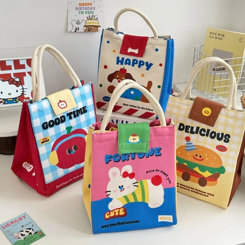 Isolierte Kühltasche Segeltuch Aluminiumfolie Tragbare Thermische Brotdose Mit Süßen Cartoon Tiermustern