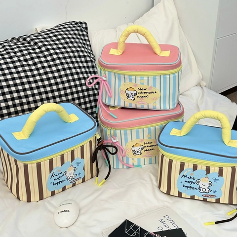 Makeup Bag Striped Cartoon Puppy Pattern Cotton Handheld Travel Toiletry Case Large Capacity Organizer Portable For Women