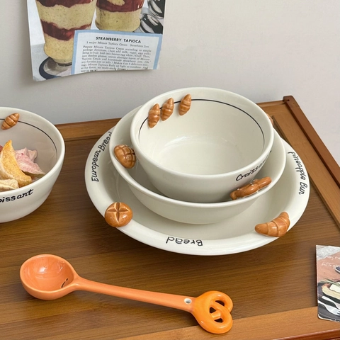 Ceramic Bowl Plate Embossed Bread Croissant Pretzel Creative Tableware Cute Dessert Breakfast Kitchen Dining Cream White