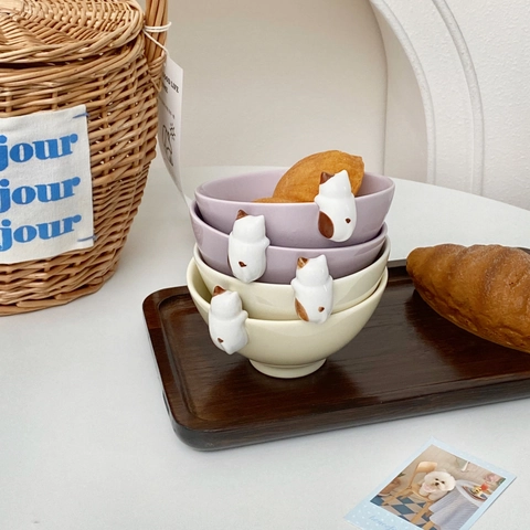 Lindo Cuenco De Cerámica Con Decoración De Gato 3D Kawaii Tazón Para Postre Cereal Estilo Japonés
