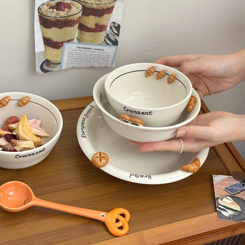 Ceramic Bowl Plate Embossed Bread Croissant Pretzel Creative Tableware Cute Dessert Breakfast Kitchen Dining Cream White