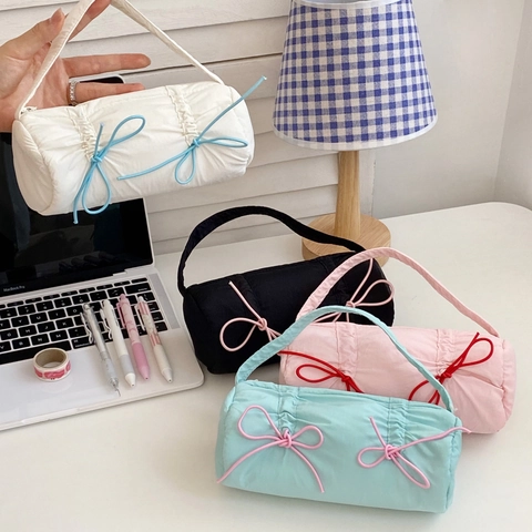 Korean Style Large Capacity Quilted Nylon Pencil Case With Bowknot Sweet Stationery Storage Bag Handheld Pouch For Girls