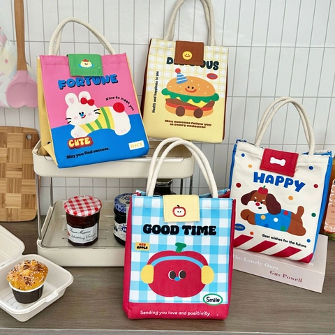 Isolierte Kühltasche Segeltuch Aluminiumfolie Tragbare Thermische Brotdose Mit Süßen Cartoon Tiermustern