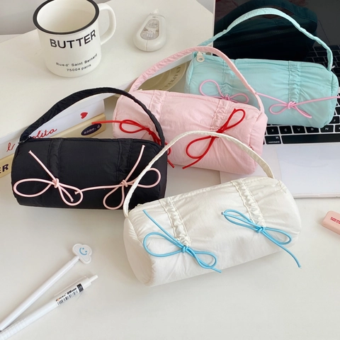 Korean Style Large Capacity Quilted Nylon Pencil Case With Bowknot Sweet Stationery Storage Bag Handheld Pouch For Girls