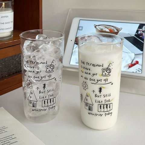 Vintage Minimalist Hand Painted Borosilicate Glass Cup Transparent Heat Resistant Tumbler With Line Art Doodle For Coffee Office