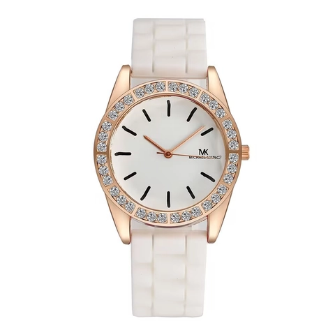 Mode Damen Quarzuhr Strass Lünette Silikonarmband Ronde Analoge Armbanduhr Elegante Damen Einfacher Stil
