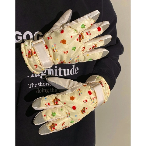 Guantes De Esquí Invierno Impermeables Cortavientos Forro Polar Espesados Palma Antideslizante Estampado Oso Dibujos Animados Navidad