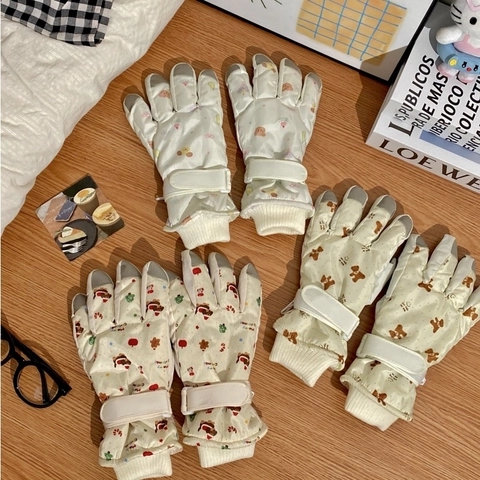 Guantes De Esquí Invierno Impermeables Cortavientos Forro Polar Espesados Palma Antideslizante Estampado Oso Dibujos Animados Navidad