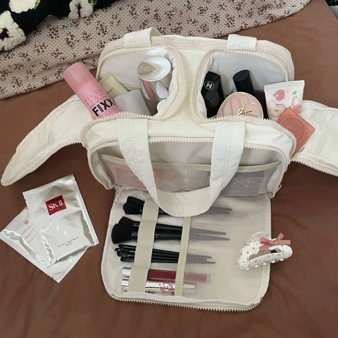 Borsa Da Trucco Grande Capacità Nylon Trapuntato Organizzatore Cosmetici Viaggio Portatile Multi Scomparto Donne