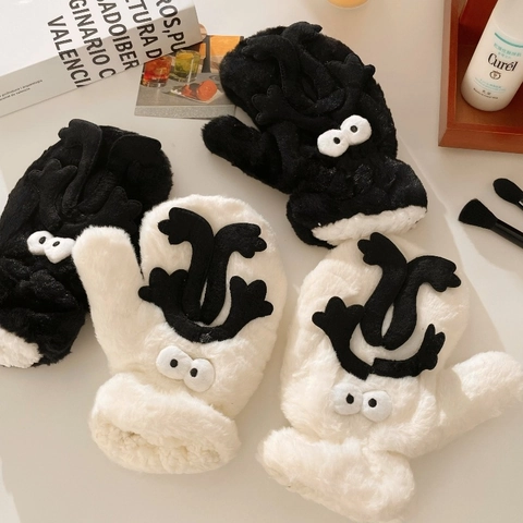 Funny Cartoon Monster Plush Mittens Winter Warm Thickened Faux Fur Gloves With Neck Strap For Women Students