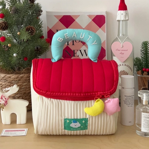 Cute House Shape Quilted Cosmetic Bag Cloth Portable Handle Large Capacity Travel Makeup Storage Pouch For Women
