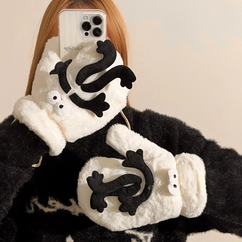 Funny Cartoon Monster Plush Mittens Winter Warm Thickened Faux Fur Gloves With Neck Strap For Women Students