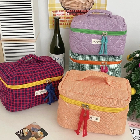 Borsa Da Trucco In Cotone Trapuntato A Quadri Grande Capacità Organizzatore Cosmetico Maniglia Portatile Viaggio