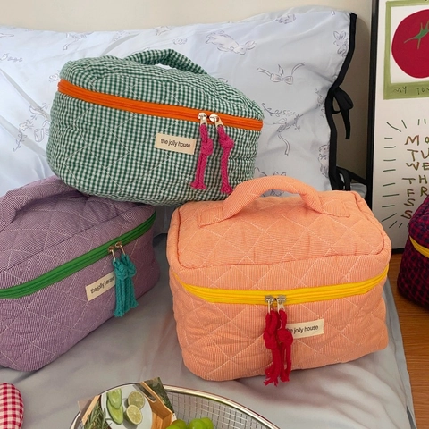 Borsa Da Trucco In Cotone Trapuntato A Quadri Grande Capacità Organizzatore Cosmetico Maniglia Portatile Viaggio
