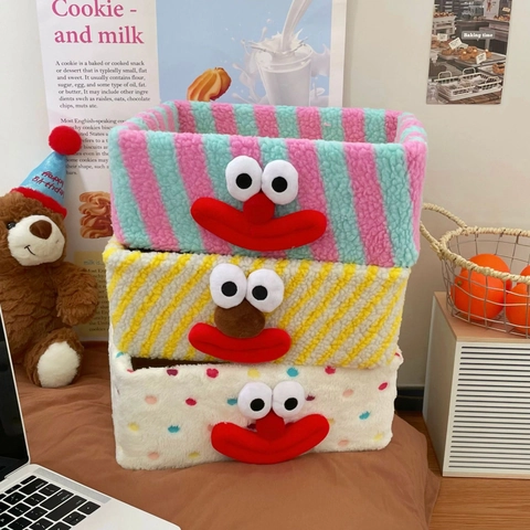 Cartoon Plush Storage Basket Lamb Wool Desktop Organizer Bin Striped Polka Dot Box For Cosmetics Jewelry Trinket Stationery