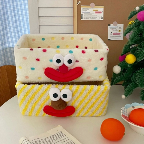 Cartoon Plush Storage Basket Lamb Wool Desktop Organizer Bin Striped Polka Dot Box For Cosmetics Jewelry Trinket Stationery