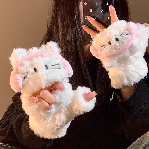 Women Cute Cartoon Cat Headphone Plush Convertible Gloves Winter Warm Wool Half Finger Flip Top Mittens For Students