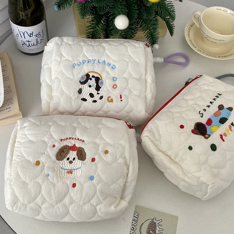 Borsa Trucco Ricamo Cane Carino Cuore Trapuntato Tela Grande Capacità Portatile Viaggio Pochette Cosmetici Cerniera Lampo