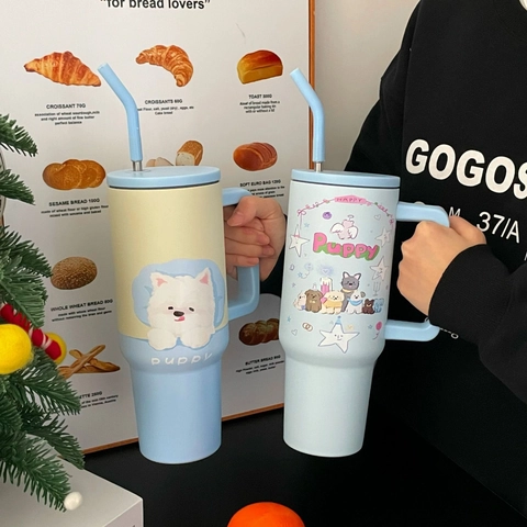 Insulated Tumbler 304 Stainless Steel Large Capacity With Handle And Straw Portable Cartoon Dog Puppy Thermal Travel Mug