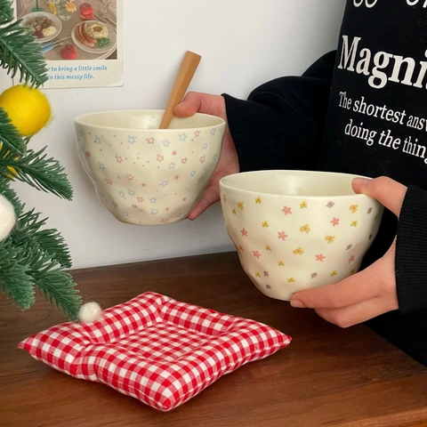 Ins Style Ceramic Bowl Irregular Wavy Edge Colorful Star Floral Patterns Underglaze Dessert Yogurt Cereal Breakfast