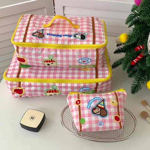 Draagbare Reis Opbergtas Waterdicht Polyester Cartoon Hond Roze Geruit Koffer Organizer Kawaii Schattig