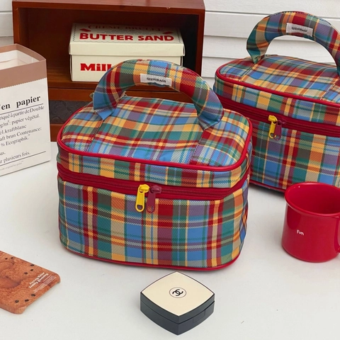 Vintage Plaid Cosmetic Bag Oxford Cloth Large Capacity Travel Toiletry Organizer Portable Handle Multi Color Style