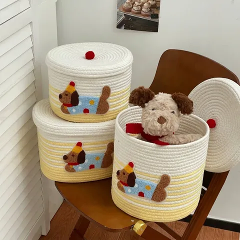 Cesto Portaoggetti In Corda Di Cotone Intrecciata Cane Cartone Animato Con Coperchio Impugnatura Pompon Organizzatore