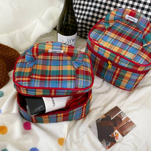 Vintage Plaid Cosmetic Bag Oxford Cloth Large Capacity Travel Toiletry Organizer Portable Handle Multi Color Style