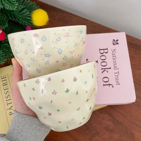Ins Style Ceramic Bowl Irregular Wavy Edge Colorful Star Floral Patterns Underglaze Dessert Yogurt Cereal Breakfast