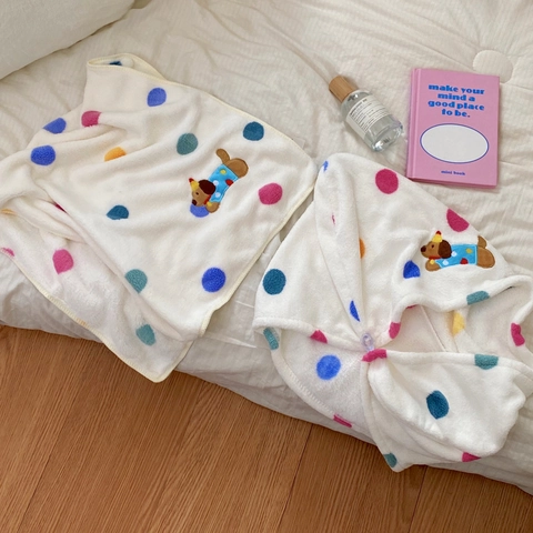 Polka Dot Cartoon Dog Bath Towel And Hair Drying Cap Coral Fleece Super Absorbent Soft Thick Bathroom Accessories