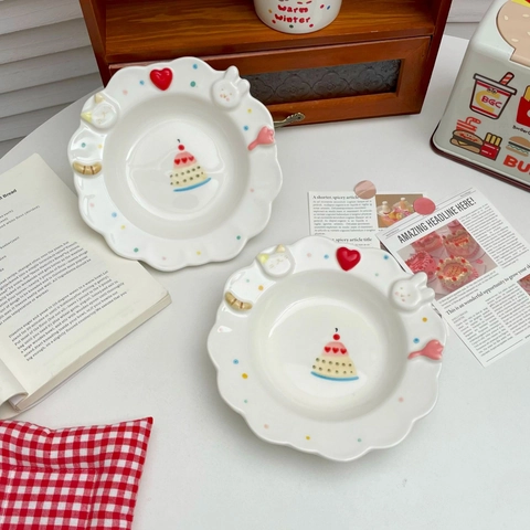Ceramic Dessert Plate With 3D Cat Rabbit Relief Scalloped Edge Cute Cartoon Cake Pattern Underglaze For Breakfast Gift