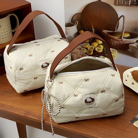 Borsa Da Trucco Trapuntata Con Ricamo A Fiocco Motivo A Rombi Pochette Cosmetica A Mano Organizzatore Da Viaggio Per Donne