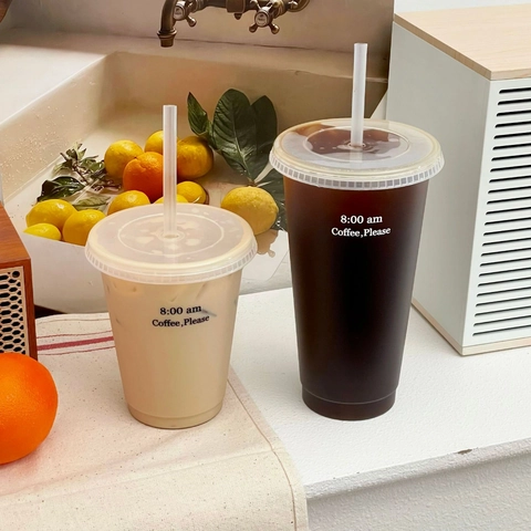Gobelet À Café Réutilisable En Plastique Avec Paille Et Couvercle Grande Capacité Bouteille D'eau Portable Imprimé Esthétique Pour Bureau