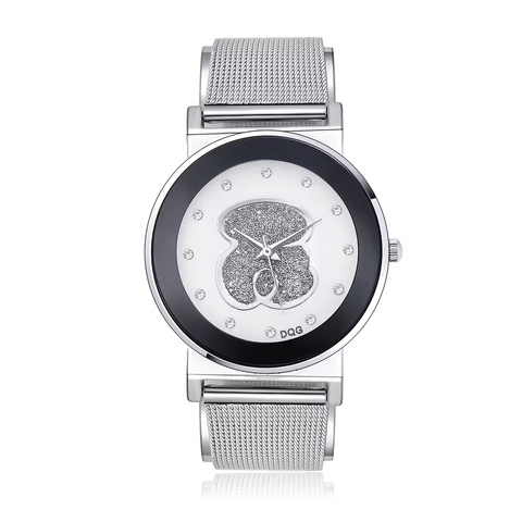 Fashion Women Quartz Watch With Metal Mesh Strap Rhinestone Accents Cartoon Motif Dial Minimalist Analog Wristwatch