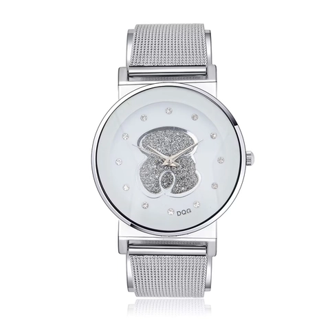 Fashion Women Quartz Watch With Metal Mesh Strap Rhinestone Accents Cartoon Motif Dial Minimalist Analog Wristwatch