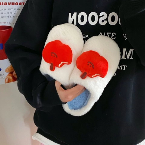 Plush Slippers Faux Fur Winter Warm Indoor House Shoes Cartoon Apple Leopard Print Soft Rubber Sole Anti Slip Round Toe