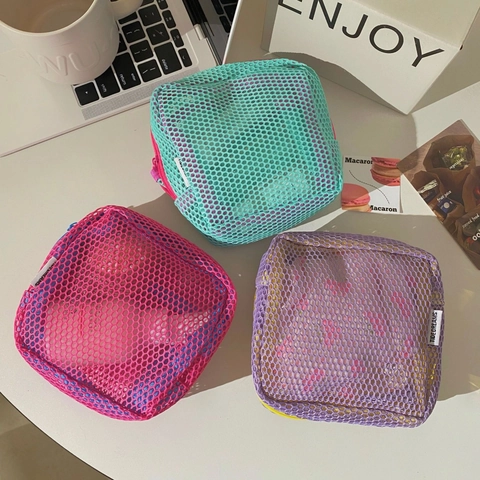 Nylon Mesh Makeup Bag Breathable Zippered Cosmetic Storage Pouch For Travel Home Organization Square Portable Colorful